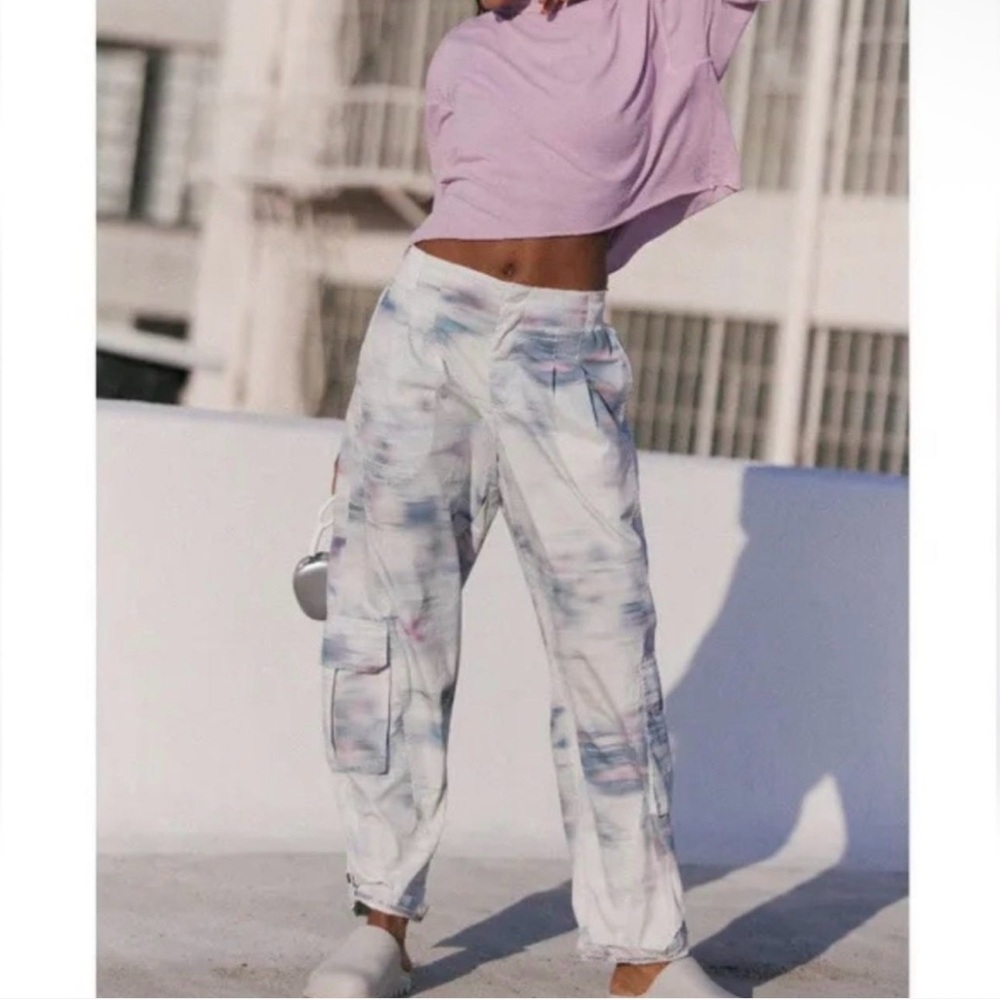 Free People White Tie-Dye Cargo Pants with Pastel Accents